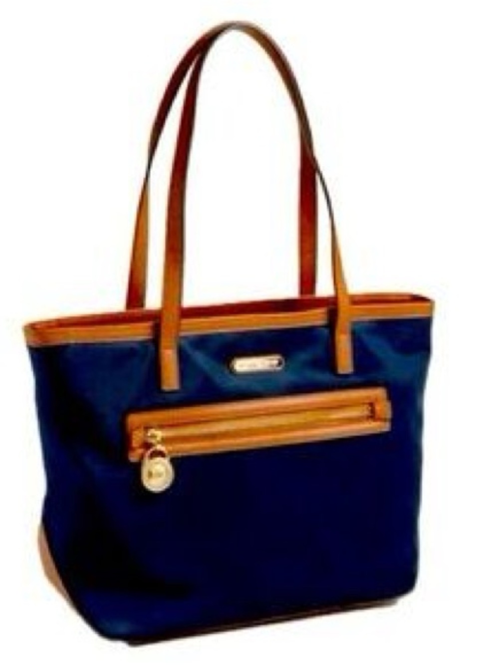 Michael Kors Kempton Pocket
Tote Shoulder Bag Navy Blue with  tan trim & Gold